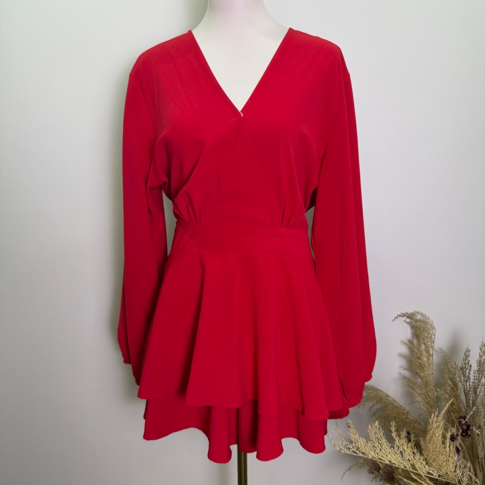 Women's XL Red Tiered Long Sleeve Surplice Romper